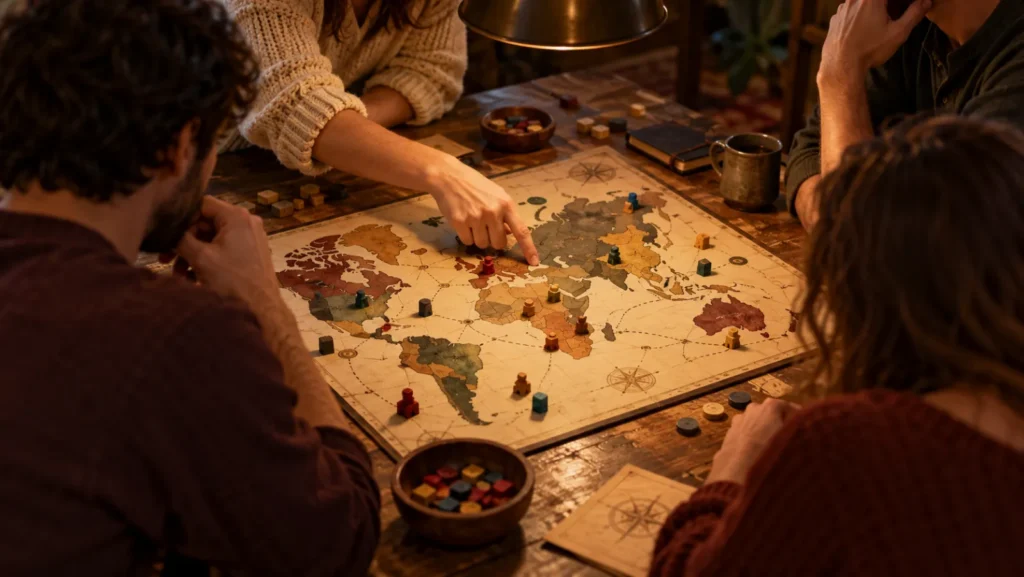 Quatre joueurs penchés ensemble sur le plateau d'un jeu de société coopératif