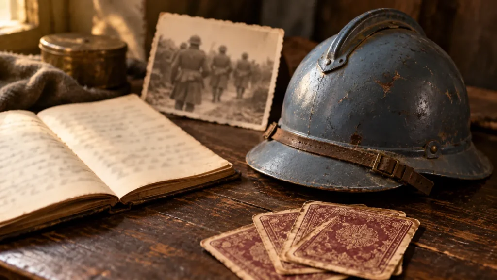 Casque Adrian bleu horizon, carnet de correspondance et cartes à jouer anciennes sur une table en bois