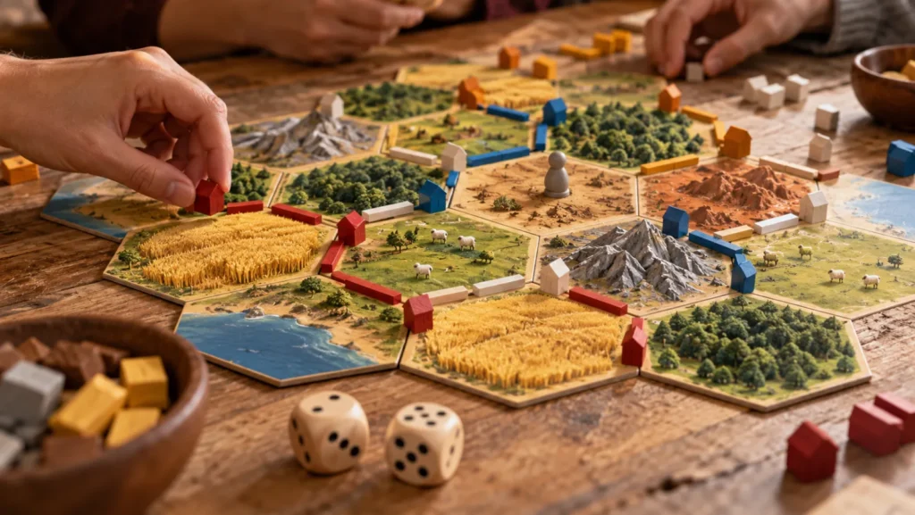 Plateau de Catane en tuiles hexagonales avec colonies, routes et deux dés