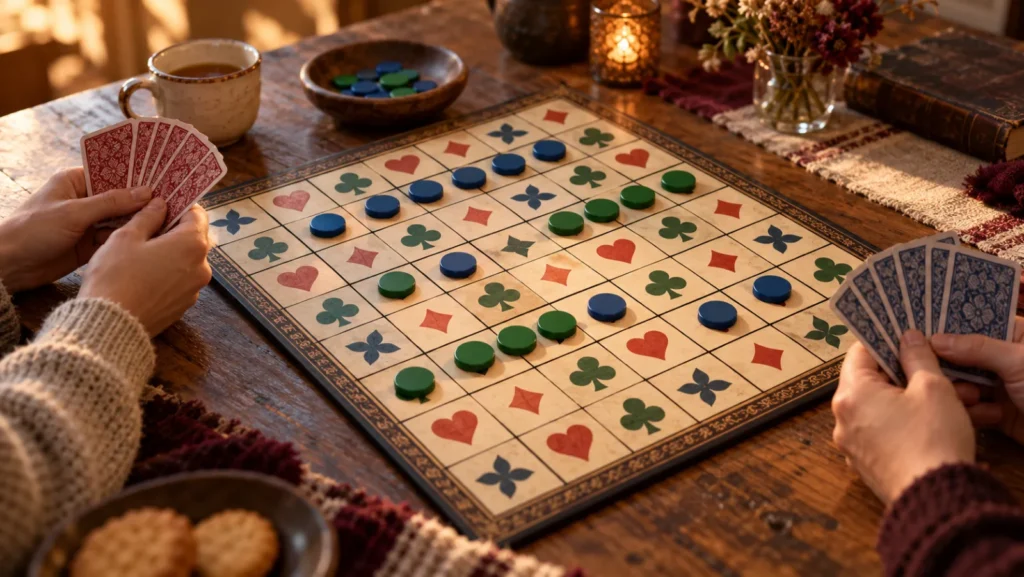 Partie de Sequence en cours : plateau illustré de cartes à jouer, jetons bleus et verts alignés, deux joueurs tenant leurs cartes