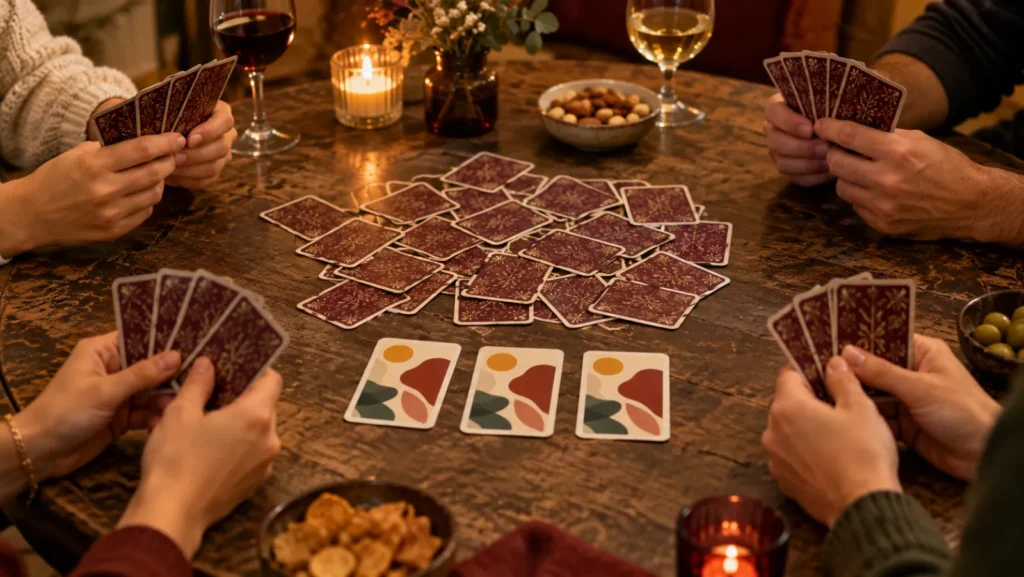Trois cartes identiques retournées au centre de la table pendant une partie de Trio