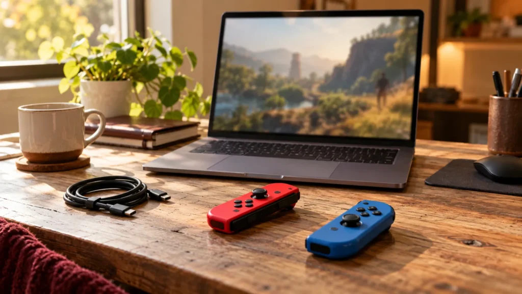 Deux Joy-Con rouge et bleu posés devant un ordinateur portable, à côté d'un câble USB-C